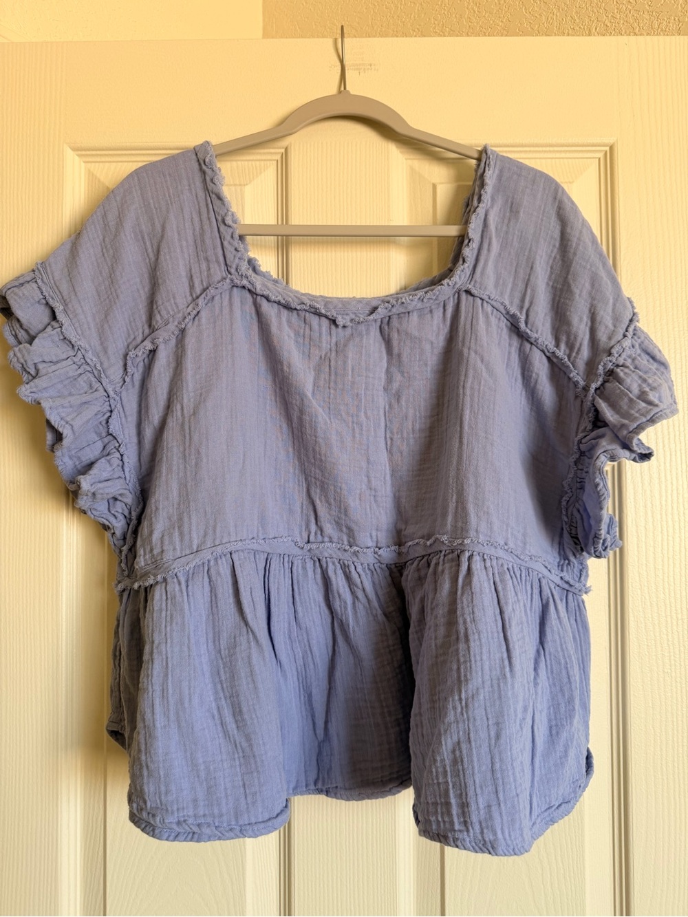 Dip Periwinkle Lavender Ruffled Peasant Top Shirt 100% Cotton Size XL Peplum